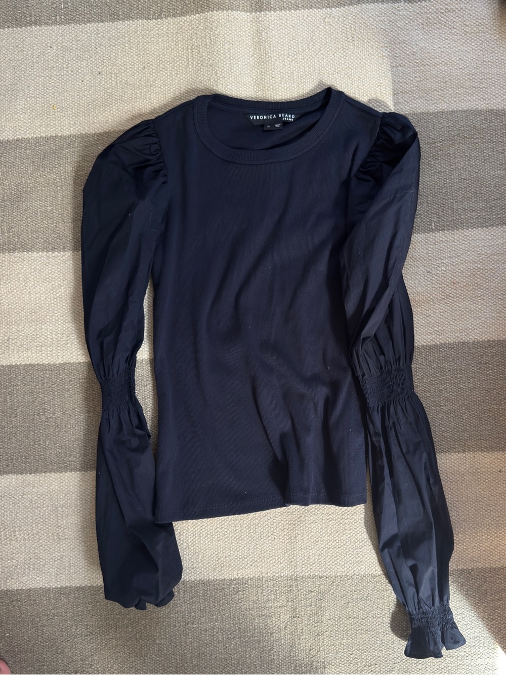 Veronica Beard Navy Puff-Sleeve Long-Sleeve Top
